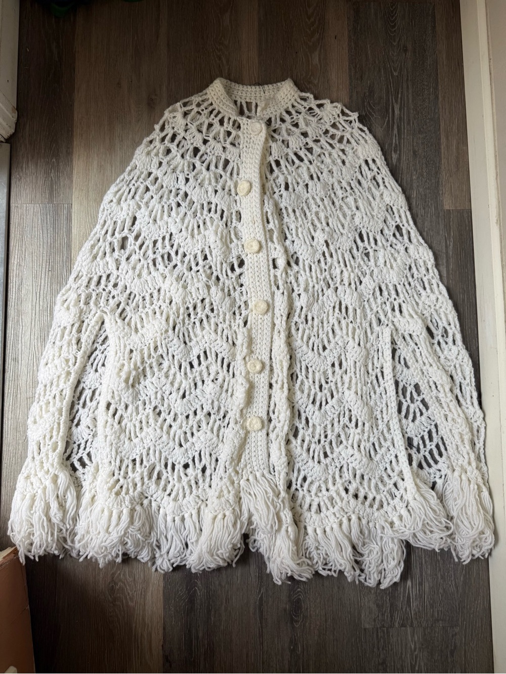 Vintage Hand-Knit Cream Crochet Button-Front Sweater Cape